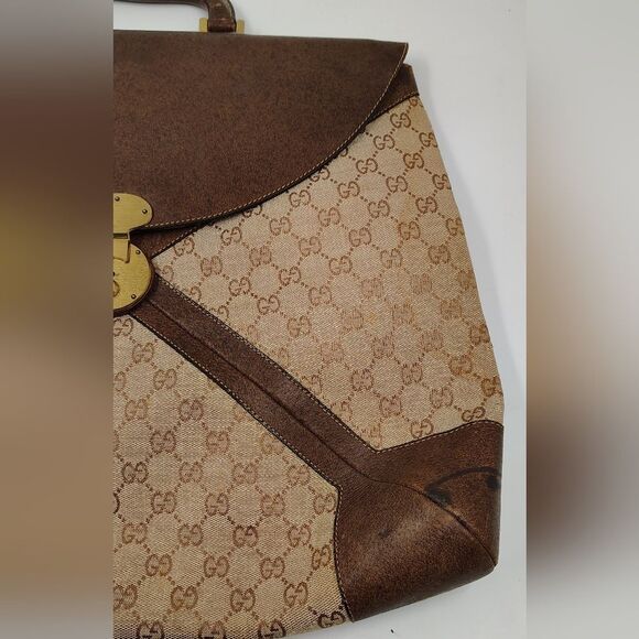 Gucci Brown Leather & Cream Logo Monogram Satchel Bag Vintage - Picture 5 of 16
